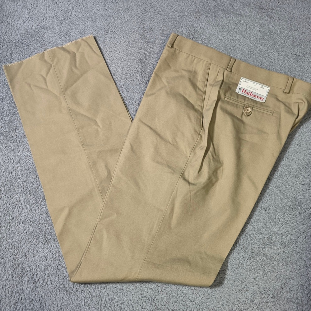 Hathaway Mens 37 Dress Pants Tan Khaki Biddeford Flat Front‎ Unfinished Hem USA